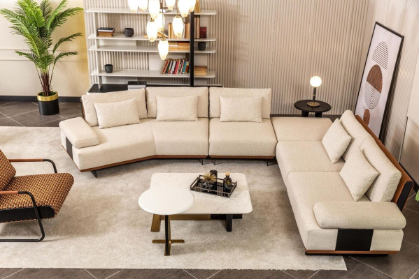 Conjunto de sofá esquinero en forma de L, sillón, sofá de tela, mesas de centro, sofá tapizado, beige.