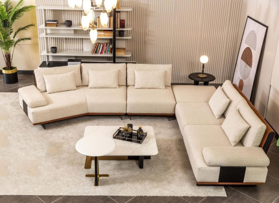 Sofá de esquina en forma de L, sofá de tela, mesas de café, sofá tapizado beige, juego de sofás modernos.