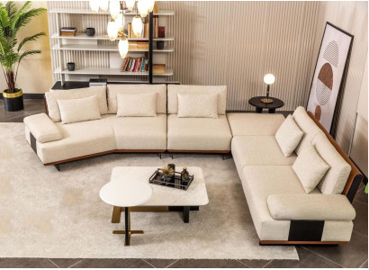 Sofá de esquina en forma de L, sofá de tela, mesas de café, sofá tapizado beige, juego de sofás modernos.