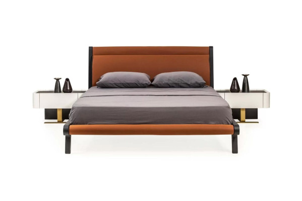 Conjunto de cama doble con mesitas de noche para dormitorio de 3 piezas en color naranja moderno.