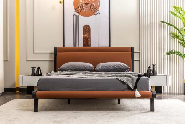 Conjunto de cama doble con mesitas de noche para dormitorio de 3 piezas en color naranja moderno.