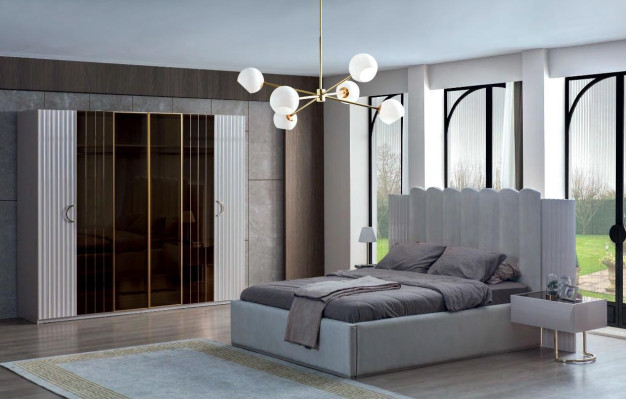 Muebles de dormitorio modernos en gris, diseño de cama doble armario de 4 piezas.