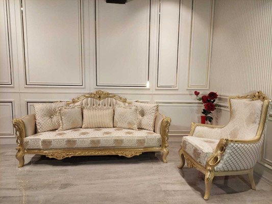Sofá de salón sofá 3+1 asiento sillón mesa patas talladas mesa de café