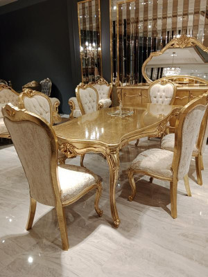 Diseño de comedor completo Mesa de comedor + 6 sillas Muebles clásicos Mesa de madera Nueva