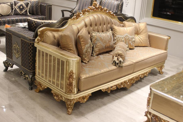 Sofá de lujo de 3 plazas, sofá textil dorado, mueble de diseño 3 plazas Chesterfield, nuevo tapizado.