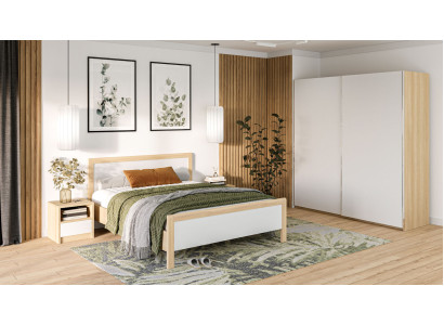 Muebles de dormitorio blancos, cama de lujo, mesillas de noche, armario grande.