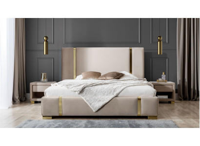 Juego de dormitorio completo con cama doble de acero inoxidable y mesitas de noche tapizadas.