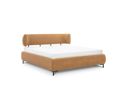 Cama de dormitorio marrón, camas tapizadas, marco de madera de diseñador, cama textil.