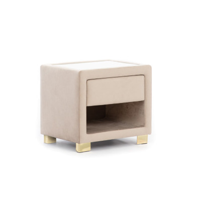 Mesita de noche cuadrada beige de diseñador con marco de madera. Muebles modernos nuevos.