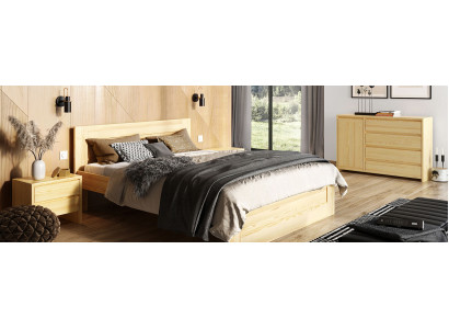 Conjunto de dormitorio de 3 piezas: cama de madera auténtica con 2 mesitas de noche, 180x200cm de madera maciza.