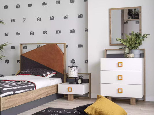 Mesa de noche, mesita de noche, mesita de noche para niños, habitación de niños, madera, gris, moderna.