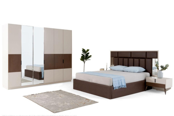 Juego de dormitorio cama doble mesitas de noche marrón 4 piezas armario de madera