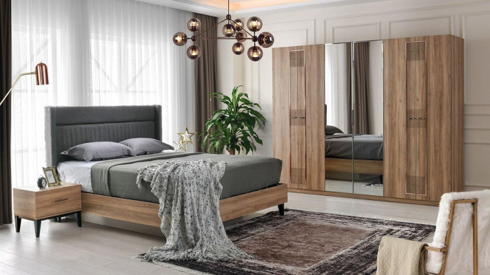 Juego de dormitorio cama doble mesitas de noche marrón cama 4 piezas armario.