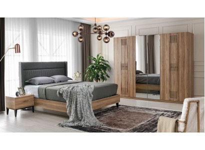 Juego de dormitorio cama doble mesitas de noche marrón cama 4 piezas armario.