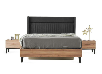 Conjunto cama doble mesitas de noche marrón dormitorio 3 piezas conjunto de madera.