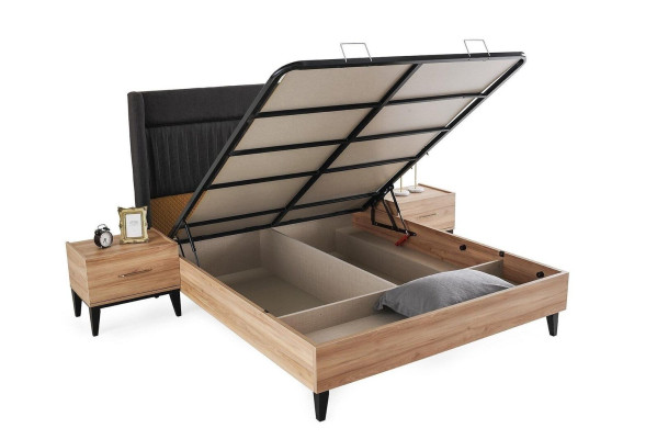 Conjunto cama doble mesitas de noche marrón dormitorio 3 piezas conjunto de madera.