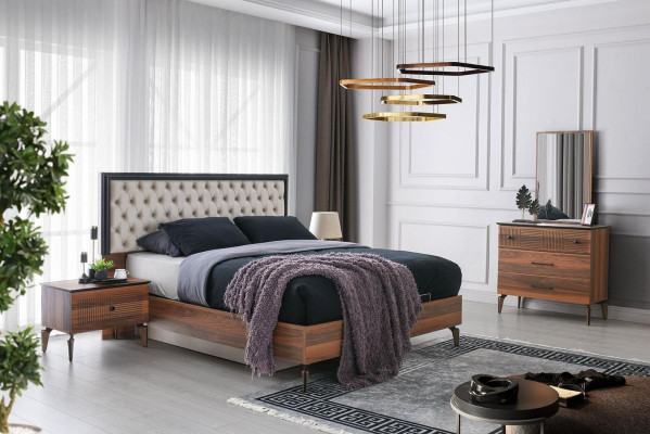 Juego de dormitorio Cama doble Cama Mesitas de noche Marrón 5 piezas Cómoda
