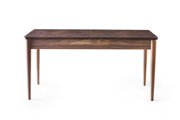 Mesa de comedor extensible de madera en color marrón.