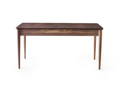 Mesa de comedor extensible de madera en color marrón.