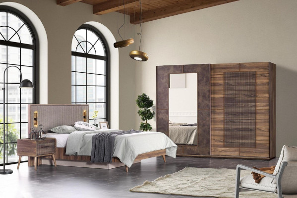 Conjunto Cama doble Mesitas de noche Marrón Dormitorio 4 piezas Armario