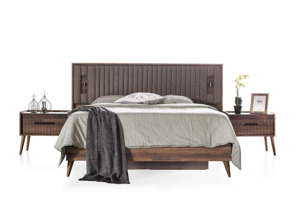 Conjunto Cama doble Mesitas de noche Marrón Dormitorio 4 piezas Armario