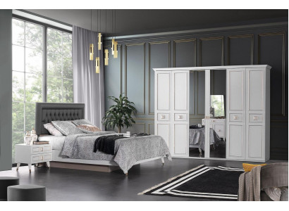 Juego de cama doble con mesas de noche blancas, 4 piezas, armario.
