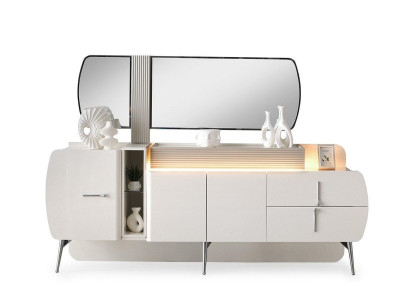 Lujo Aparador Cómoda Espejo Blanco Madera Moderna