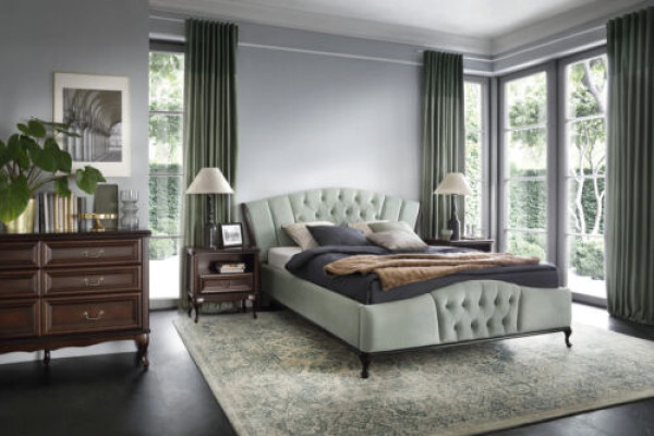 Cama Chesterfield verde con muebles de dormitorio de madera Camas Reales.