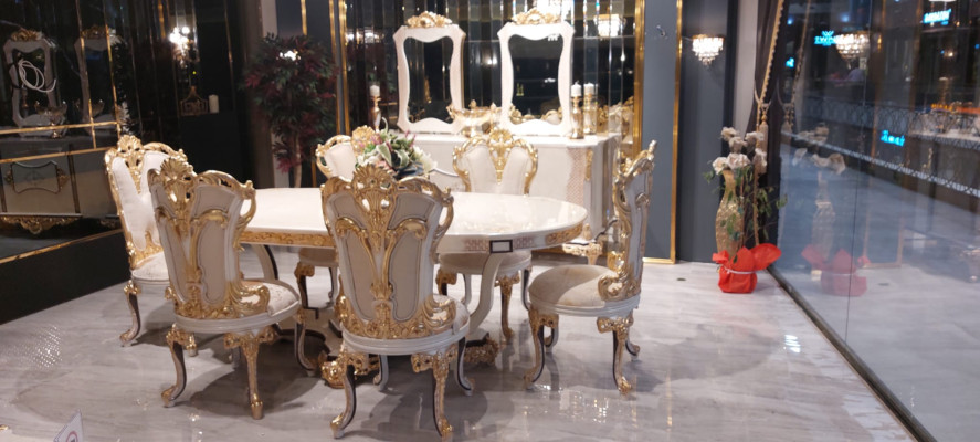 Muebles de lujo para sofá, mesa de comedor, conjunto de asientos barrocos, grupo de mesa + 6 sillas