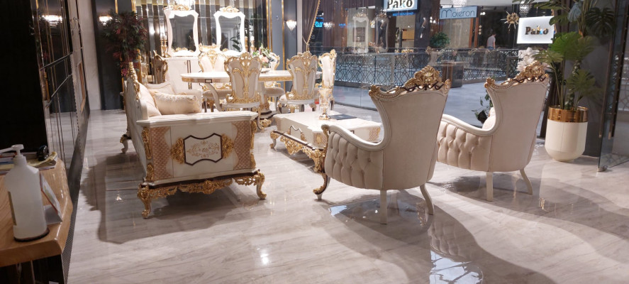 Muebles de lujo para sofá, mesa de comedor, conjunto de asientos barrocos, grupo de mesa + 6 sillas