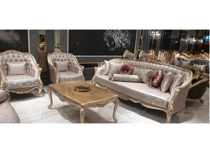 Clásico conjunto Chesterfield 311 asiento con mesa de café de terciopelo dorado y madera.