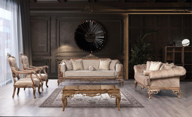 Juego de muebles de sala de estar barroca, sofá, conjunto de tapicería, mesa de 5 piezas.