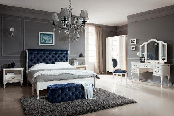 Set de dormitorio, cama Chesterfield de diseñador, mesitas de noche, cómoda, armario, muebles.