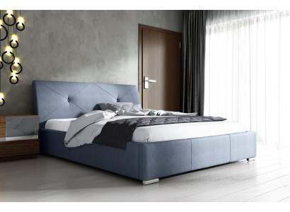 Cama doble azul con cabecera acolchada, marco de cama de madera azul y tela, para hotel.