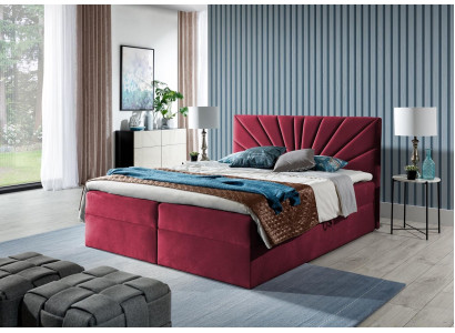 Cama doble con somier tapizado de color rojo, nuevo.