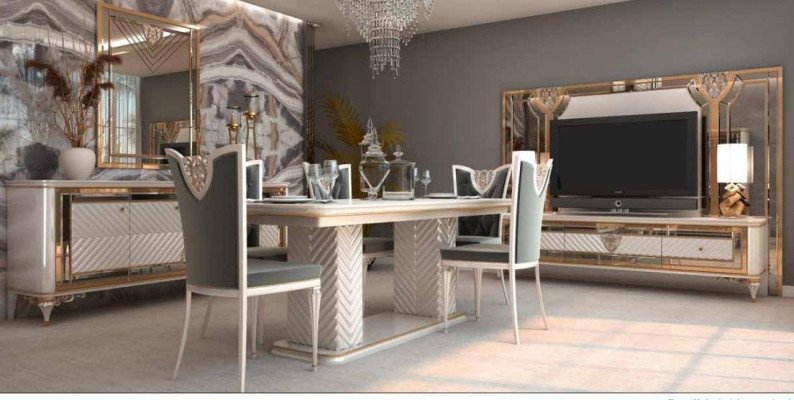 Silla de comedor elegante en tonos grises y blancos con diseño barroco.