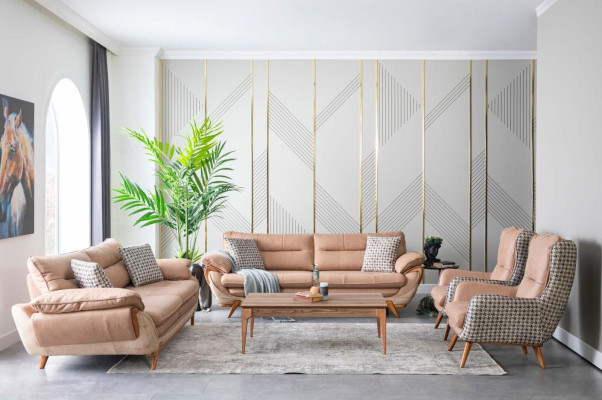 Silla blanda con patas de madera para relajarse en la sala de estar.