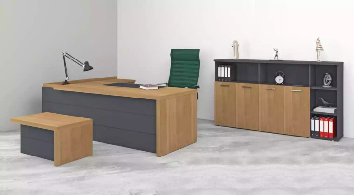 Conjunto de muebles de oficina: escritorio, armarios, mesa de centro, mobiliario de oficina.