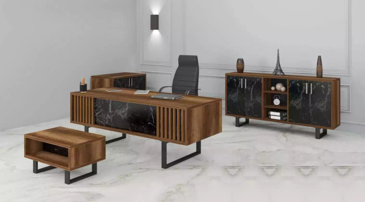 Escritorio de oficina con conjunto de muebles con mesa de mármol, armario de oficina de 4 piezas.