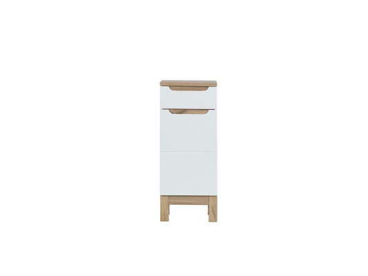 Mueble de baño blanco de alto brillo con estantes, patas y armario bajo