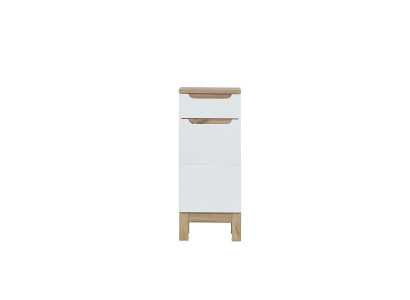 Mueble de baño blanco de alto brillo con estantes, patas y armario bajo