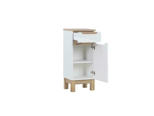 Mueble de baño blanco de alto brillo con estantes, patas y armario bajo