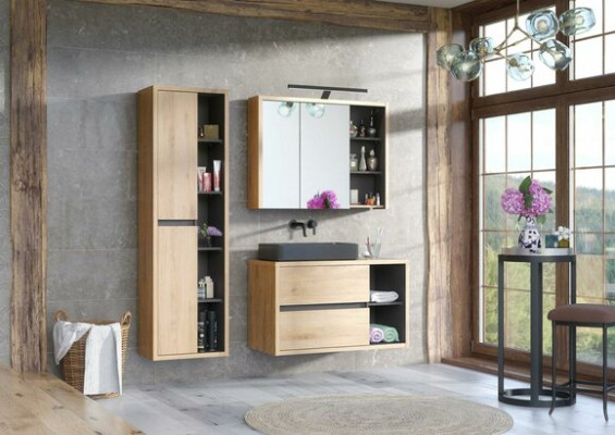 Diseño de muebles de baño de 3 piezas. Conjunto de decoración con armario y lavabo.