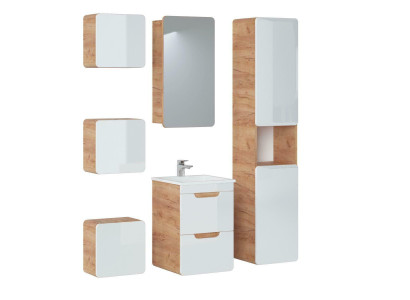 Diseño del grupo de muebles de baño de 6 piezas. Juego de armario, lavabo de madera.