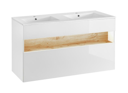 Doble lavabo con mueble de lavabo y lavabo.