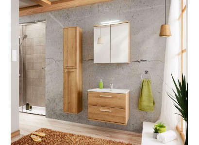 Diseño de muebles de baño de 3 piezas. Conjunto de decoración de baño con armario y lavabo.