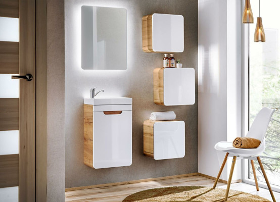 Diseño de muebles de baño, conjunto de 5 piezas: armario y lavabo.