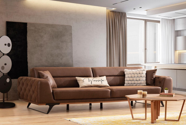 Conjunto completo de sofá de cuatro plazas, sillón y sofá en tela marrón.