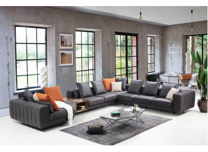 Gran sofá en forma de U con estructura de esquina para el salón, gris, tapizado en tela.