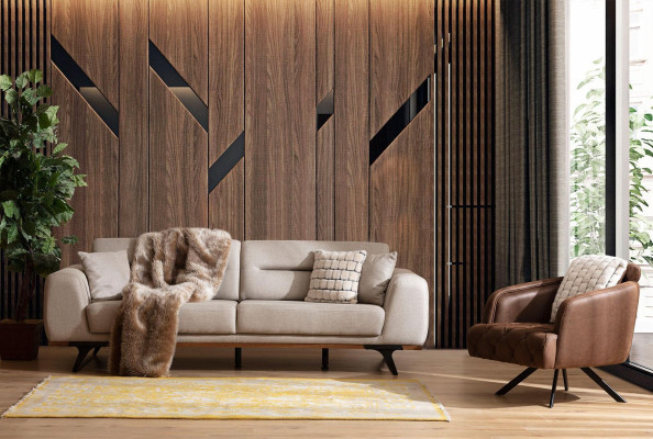 Conjunto de sofá clásico, sofá de tela de tres plazas en beige y sillón tapizado.